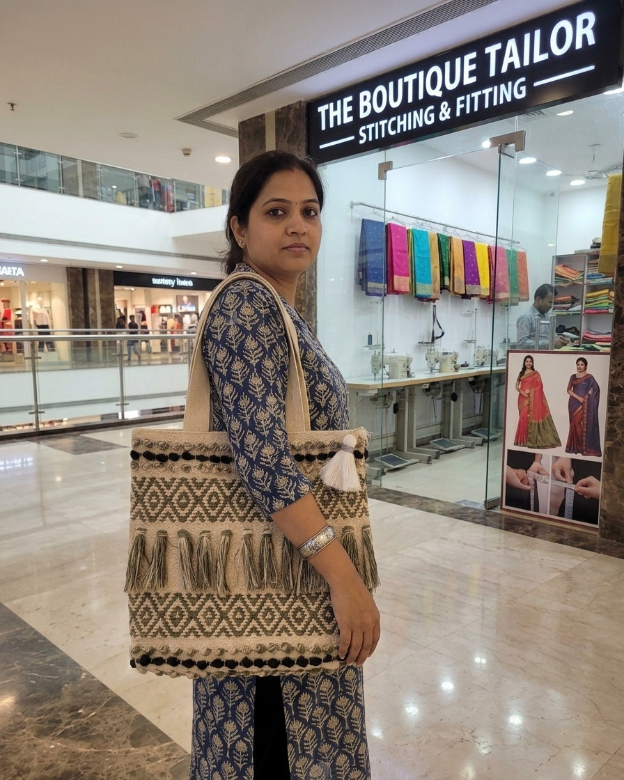 Olive Fringe Handloom Tote